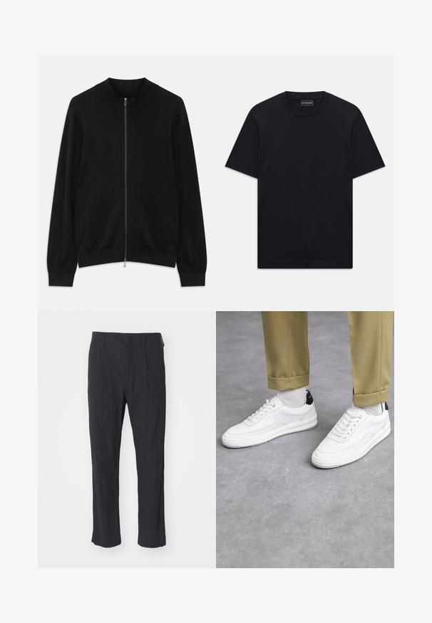 Zwarte lange mouwen ritssluiting cardigan met ribgebreide ronde hals, manchetten en zoom, tentoongesteld tegen een witte achtergrond.; Zwart T-shirt met korte mouwen en ronde hals, met een subtiele, geperste logoontwerp in het midden van de borst en een merklabel aan de binnenkant van de kraag.; Zwarte geplooide broek van textuurstof, met een recht model en een standaard tailleband. Geen zichtbare zakken of hardware.; Witte sneakers met een textuur van leerafwerkingen, een ronde neus en een zwarte hielaccent. Rubberen zool met een klein profiel en gestikte details.