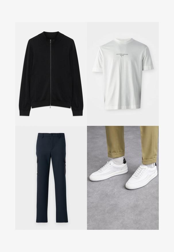 Zwarte lange mouwen ritssluiting cardigan met ribgebreide ronde hals, manchetten en zoom, tentoongesteld tegen een witte achtergrond.; Witte T-shirt met korte mouwen met het logo "EMPORIO ARMANI MILANO" gecentreerd op de borst in subtiel verhoogde letters.; Marineblauwe cargo-broek van een gladde stof, met zijzakken, een sluiting met een knoop aan de voorkant en een recht model.; Witte sneakers met een textuur van leerafwerkingen, een ronde neus en een zwarte hielaccent. Rubberen zool met een klein profiel en gestikte details.