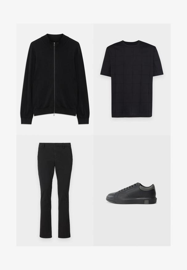 Czarny kardigan z długim rękawem i zamkiem błyskawicznym, z ribbingu na dekolcie, mankietach i dolnym wykończeniu, wyeksponowany na białym tle.; Armani Exchange - T-shirt z nadrukiem; Czarne chinosy wykonane z bawełny o dopasowanym kroju, prostych nogawkach, przednich kieszeniach i gładkiej, jedwabistej strukturze, odpowiednie na różne okazje.; Czarne skórzane sneakersy o gładkim wykończeniu, zaokrąglonym nosku i ciemnoszarych akcentach. Posiadają sznurowaną konstrukcję oraz teksturowaną gumową podeszwę.