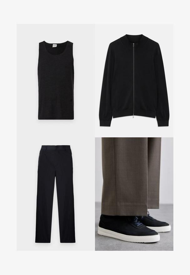 Svart langermet zip-up cardigan med ribbestrikket rund hals, mansjetter og nederkant, vist mot en hvit bakgrunn.; Svart ermeløs tanktop laget av strukturert materiale. Har rund halslinning og en subtil logo aksent nær kanten. Enkel design.; Sorte bukser med lett og teksturert stoff, rett ben-design, elastisk midjebånd og sidelommer med glidelås.; Svarte suedeglans sneakers med hvite gummisåler, med rund tå og lisser, iført grå skreddersydde bukser.