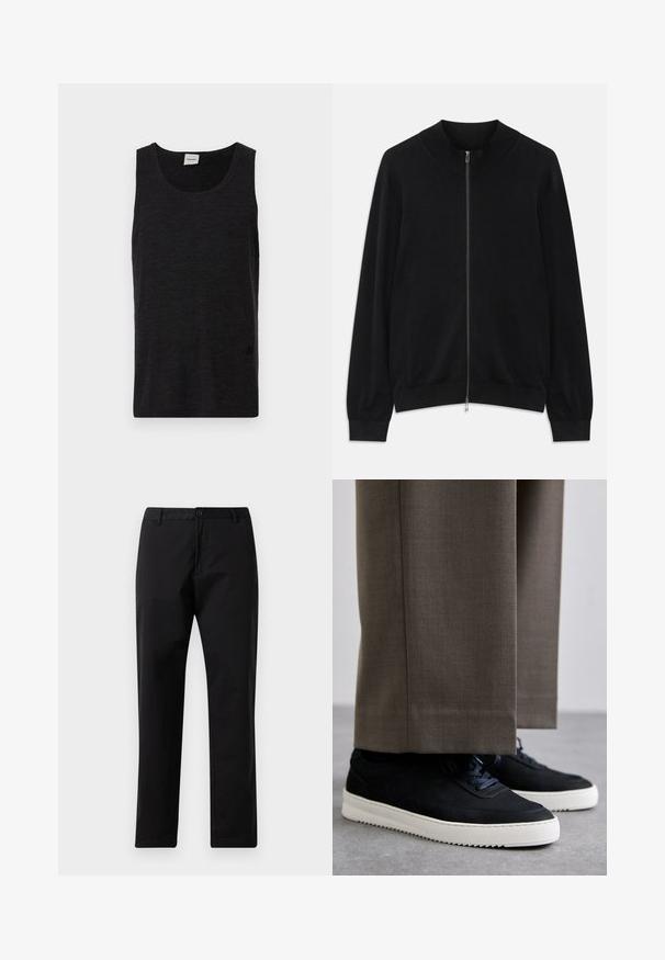 Schwarze Langarm-Zip-Up-Cardigan mit geripptem Rundhalsausschnitt, Bündchen und Saum, vor einem weißen Hintergrund präsentiert.; Schwarzes ärmelloses Tanktop aus strukturiertem Material. Mit einem runden Ausschnitt und einem dezenten Logoakzent am Saum. Schlichtes Design.; Schwarze Gerade Hosen mit Knopf- und Reißverschluss, Gürtelschlaufen und vorderen Taschen, auf weißem Hintergrund präsentiert.; Schwarze Wildleder-Sneaker mit weißen Gummisohlen, mit einer abgerundeten Zehenpartie und Schnürsenkeln, getragen zu grauen maßgeschneiderten Hosen.