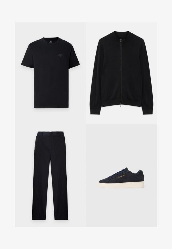 Cardigan preto de manga longa com fecho, com gola redonda canelada, punhos e bainha, exibido contra um fundo branco.; T-shirt preta de algodão com decote redondo, mangas curtas e um pequeno logo tonal da Armani Exchange no peito. Design simples e clássico.; Calças pretas com um tecido leve e texturizado, design de pernas retas, cintura elástica e bolsos laterais com fecho.; Sapatilhas baixas em camurça azul-marinho com sola branca, atacadores azuis-marinho e o logótipo "Filling Pieces" em dourado na lateral.