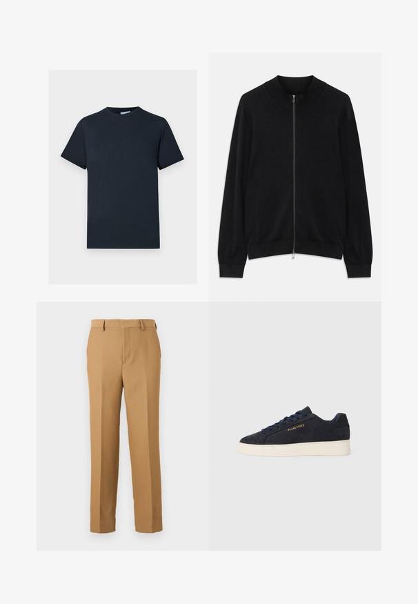 Svart langermet zip-up cardigan med ribbestrikket rund hals, mansjetter og nederkant, vist mot en hvit bakgrunn.; Marineblå bomull T-skjorte, korte ermer, rund hals, med et strukturert logo-design over brystet i en lysere nyanse.; Beige dressbukser laget avvevd stoff, med rett snitt, flat front og beltehemper. Glatt tekstur uten synlige mønstre.; Marineblå ankelhøyde sneakers i semsket skinn med hvit såle, marineblå snøringer, og "Filling Pieces"-logo i gull på siden.