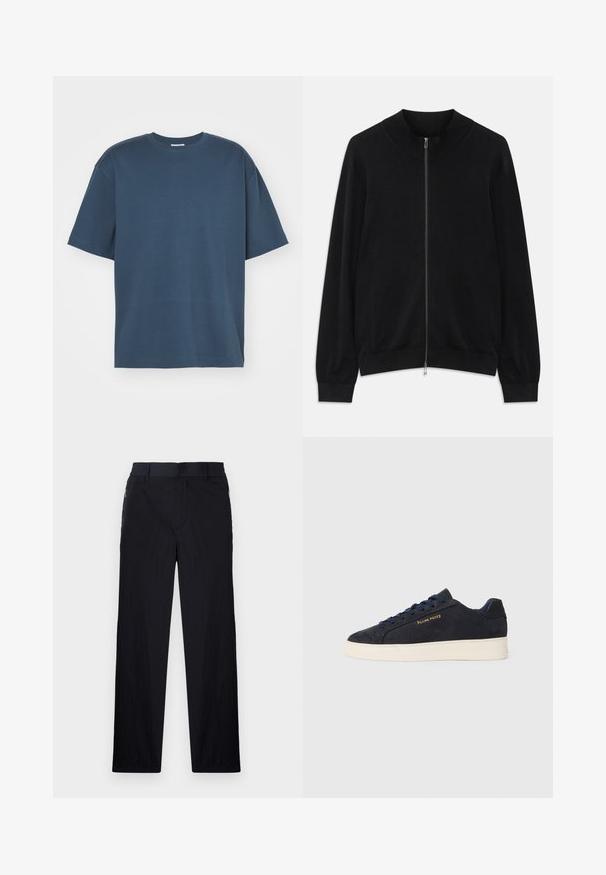 Czarny kardigan z długim rękawem i zamkiem błyskawicznym, z ribbingu na dekolcie, mankietach i dolnym wykończeniu, wyeksponowany na białym tle.; Filippa K - T-shirt basic; Czarne spodnie wykonane z lekkiego, teksturowanego materiału, o prostym kroju, z elastycznym paskiem i bocznymi kieszeniami na zamek.; Granatowe zamszowe sneakersy niskie z białą podeszwą, granatowymi sznurówkami i logo "Filling Pieces" w złotym kolorze na boku.