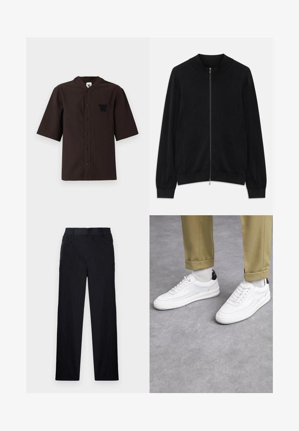 Černý dlouhý rukáv svetr na zip s žebrovaným crew neckem, manžetami a lemem, vystavený na bílém pozadí.; Temně hnědá košile s krátkým rukávem, která má mandarinový límeček, knoflíkovou légu a vyšitý logo na levé kapse na hrudi. Bavlněný materiál, texturovaný.; Černé kalhoty s lehkým, strukturovaným materiálem, rovnými nohavicemi, elastickým pasem a postranními zipovými kapsami.; Bílé tenisky s texturovaným koženým povrchem, zaoblenou špičkou a černým akcentem na patě. Gumová podrážka s malým vzorem a šitými detaily.