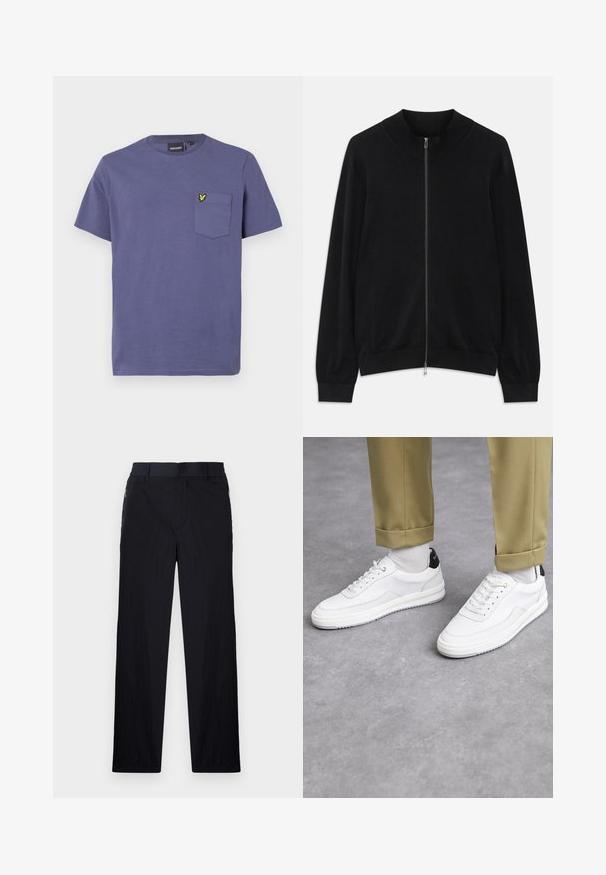 Černý dlouhý rukáv svetr na zip s žebrovaným crew neckem, manžetami a lemem, vystavený na bílém pozadí.; Fialové bavlněné tričko s kulatým výstřihem a krátkými rukávy. Obsahuje náprsní kapsu s malým žlutým logem jako akcentem.; Černé kalhoty s lehkým, strukturovaným materiálem, rovnými nohavicemi, elastickým pasem a postranními zipovými kapsami.; Bílé tenisky s texturovaným koženým povrchem, zaoblenou špičkou a černým akcentem na patě. Gumová podrážka s malým vzorem a šitými detaily.