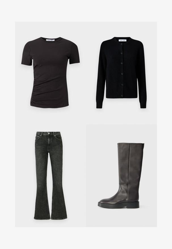 Mustat neulecardiganit, joissa on pyöreä pääntie, etumuksen napitus, pitkät hihat, ribbireunat hihoissa ja helmassa, valmistettu pehmeästä villakankaasta.; Musta lyhythihainen t-paita pehmeästä kankaasta, jossa on pyöreä kaula-aukko ja rypytetty yksityiskohta vasemmalla sivulla, mikä antaa hienovaraisen tekstuurin.; Mustat leveälahkeiset farkut, jotka on valmistettu denimistä. Ne sisältävät korkean vyötärön, viisi taskua ja nappikiinnityksen. Pintatekstuuri on sileä ja siinä on hienovaraisia haalistumia.; Mustat polvipituiset nahkavartiset saappaat paksulla pohjalla ja hienovaraisella Calvin Klein -logolla ylhäällä reunan lähellä, esitetty sivusta.
