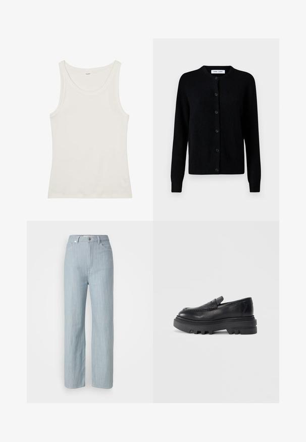 Cardigan nero in maglia con scollatura rotonda, chiusura frontale con bottoni, maniche lunghe, polsini e orlo a costine, realizzato in morbido tessuto di lana.; Top in cotone bianco a spalla larga con spalline sottili. Tessuto liscio senza motivi visibili o decorazioni.; Jeans dritti blu chiaro in denim. Presentano cinque tasche, una chiusura con bottone in metallo e leggere sfumature per aggiungere texture.; Mocassino in pelle nera con suola spessa nera e dettaglio della cintura testurizzato. La finitura liscia e la forma rotonda esaltano il design contemporaneo.