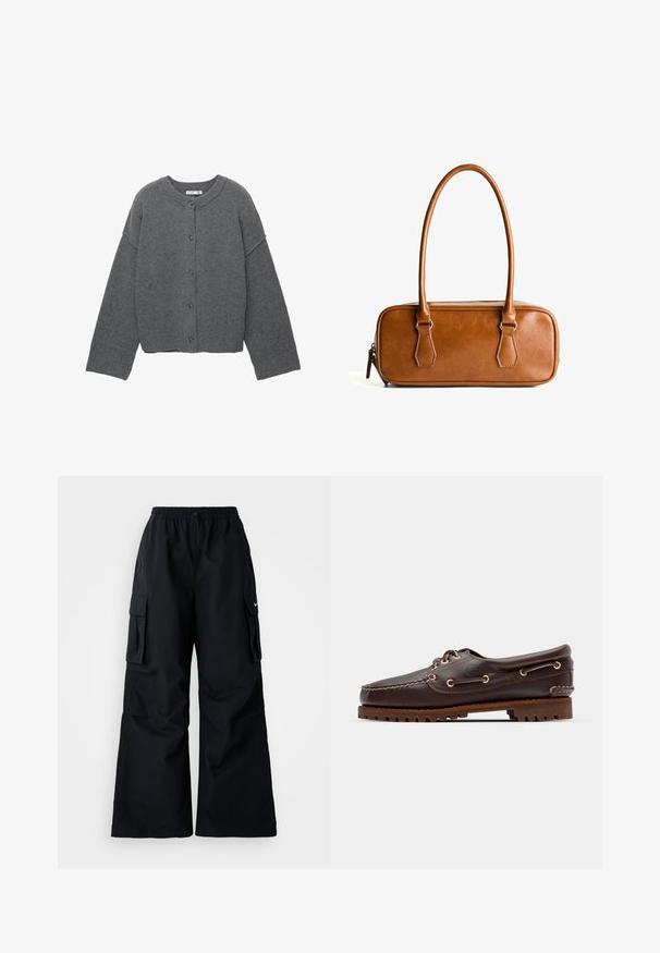 Šedý pletený kardigan s kulatým výstřihem, spadlými rameny, zapínáním na knoflíky a žebrovanými manžetami na rukávech a spodním lemu.; PULL&BEAR Top - white; Černé cargo kalhoty s širokými nohavicemi, elastickým pasem a nastavovací šňůrkou, a dvěma bočními kapsami. Vyrobeno z hladkého, lehkého materiálu.; Hnědé kožené lodní boty se zlatými očky, kulatými tkaničkami a texturovanou hnědou gumovou podrážkou. Obsahují zašitý detail a vyvýšené logo.; Hnědá kožená kabelka s dvěma dlouhými uchy, obdélníkového tvaru, hladkého povrchu, zipovým uzávěrem a akcenty z stříbrného tónu.
