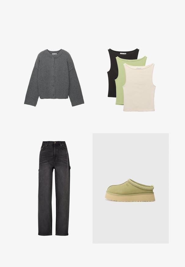 Szürke kötött kardigán kerek nyakkivágással, esett vállakkal, gombos lezárással, valamint bordás mandzsettákkal az ujjakon és az alján.; Három ujjatlan felső fekete, világos zöld és bézs színben. Mindegyik kerek nyakú és puha, bordázott textúrával rendelkezik.; Fekete farmer anyagú, magas derekú cargo farmernadrág széles lábakkal, oldalsó zsebekkel és finom kopással. Tartós anyag és kontrasztos varrás.; UGG TAZZ II - Klumpák - muted brass