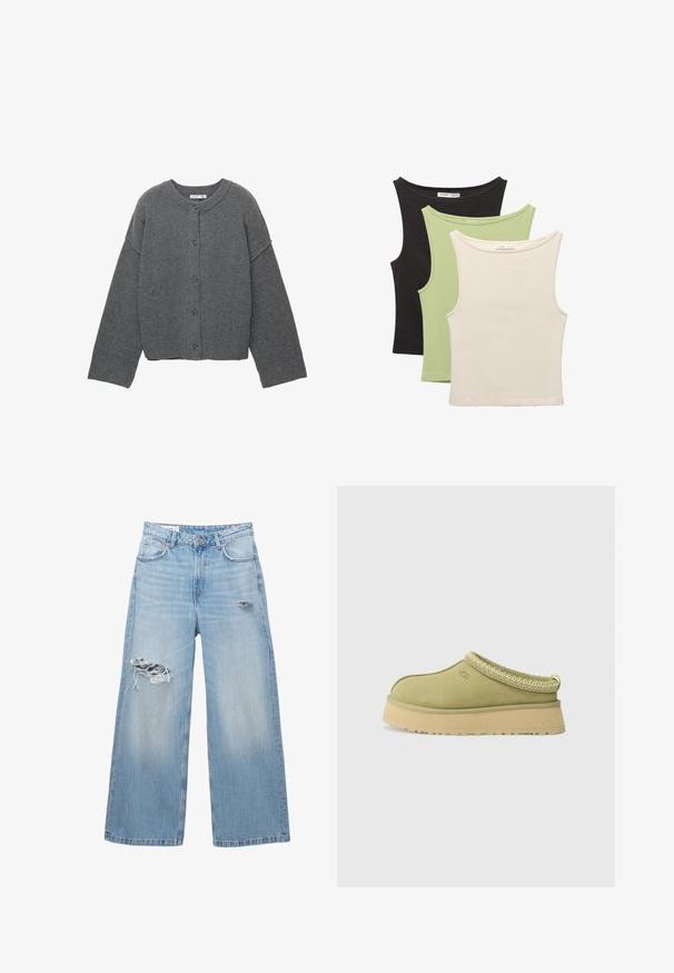Szary dzianinowy kardigan z okrągłym dekoltem, opuszczonymi ramionami, zapięciem na guziki oraz ściągaczami przy rękawach i na dole.; Trzy bezrękawniki w kolorze czarnym, jasnooliwkowym i beżowym. Każdy z nich ma okrągły dekolt i miękką, prążkowaną teksturę.; Jasnoniebieskie jeansy z szerokimi nogawkami, wykonane z denimu, z przetarciami na kolanach oraz pięcioma kieszeniami. Czysty, prosty dołek.; UGG TAZZ II zieleń butelkowa