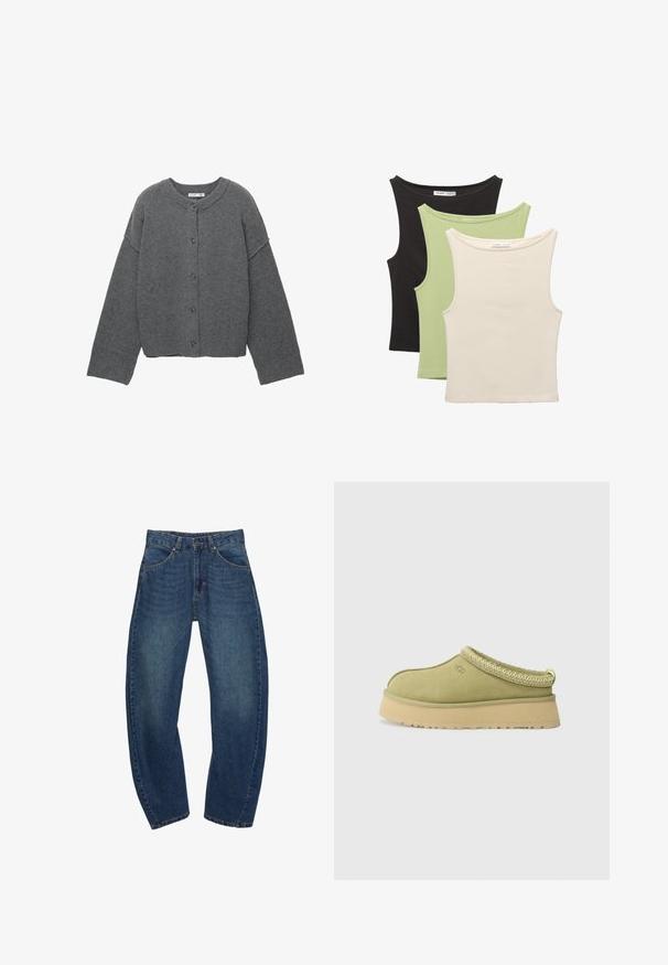 Sivi pleteni kardigan s okruglim izrezom, spuštenim ramenima, kopčanjem na gumbe i rebrastim rubovima na rukavima i donjem dijelu.; Trije bezruku majice u crnoj, svijetlozelenoj i bež boji. Svaka ima okrugli izrez i mekani, rebrasti tekstur.; Plave traperice s labavim krojem, dizajnom s pet džepova, dugmetom za zatvaranje i smešnim šavovima. Tkanina ima izbljeđeni finiš.; UGG TAZZ II - Klompe - muted brass