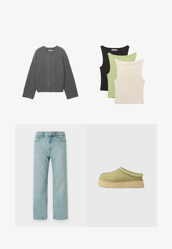 Harmaa neulottu neuletakki pyöreällä pääntiellä, lasketuilla olkapäillä, napillinen kiinnitys ja resorit hihansuuissa sekä helmassa.; Kolme ilman hihoja olevaa toppia mustana, vaaleanvihreänä ja beigeenä. Jokaisessa on pyöreä kaula-aukko ja pehmeä, ribatoitu pinta.; Vaaleansiniset leveälahkeiset farkut, joissa on klassinen viisi-taskuinen muotoilu, puhtaat linjat sekä normaali vyötärö napp closurella.; UGG TAZZ II - Puukengät - muted brass