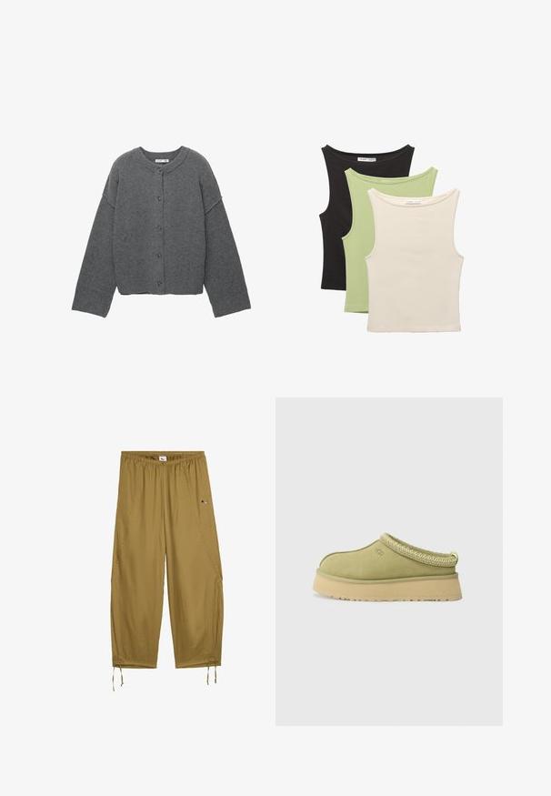Sivi pleteni kardigan s okruglim izrezom, spuštenim ramenima, kopčanjem na gumbe i rebrastim rubovima na rukavima i donjem dijelu.; Trije bezruku majice u crnoj, svijetlozelenoj i bež boji. Svaka ima okrugli izrez i mekani, rebrasti tekstur.; Lagane, prozračne hlače od kaki tkanine. Imaju elastičnu traku u struku, bočne džepove i uzice na rubovima. Manji logo kao dekoracija.; UGG TAZZ II - Klompe - muted brass