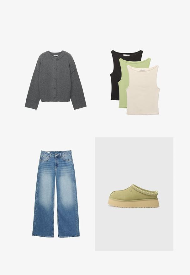 Siv pleten kardigan z okroglim izrezom, spuščenimi rameni, zapenjanjem na gumbe in rebrastimi manšetami na rokavih ter robu.; Tri brezrokavne majice v črni, svetlo zeleni in bež barvi. Vsaka ima okroglo ovratnico in mehak, rebrast tekstur.; Svetlo modri široki traper hlače. Imajo visoko pasnico, sprednja žepa in dekorativne žeblje na zunanjih šivih.; UGG TAZZ II - Cokle - muted brass
