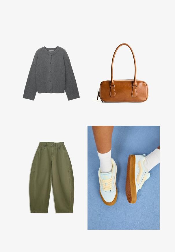 Šedý pletený kardigan s kulatým výstřihem, spadlými rameny, zapínáním na knoflíky a žebrovanými manžetami na rukávech a spodním lemu.; Krátký rukáv s kulatým výstřihem v krémové barvě s horizontálními vínovými pruhy, s uvolněným střihem a jemnou, hladkou texturou látky.; Olivově zelené široké kalhoty z bavlny s vysokým pasem, předními kapsami a hladkou texturou. Bez ozdob nebo vzorů.; Světle modré tenisky s krémovými akcenty, vyznačující se šněrováním, gumovou podrážkou a texturovaným gripem. Nosič má na sobě bílé ponožky do výšky kotníků na modrém povrchu.; Hnědá kožená kabelka s dvěma dlouhými uchy, obdélníkového tvaru, hladkého povrchu, zipovým uzávěrem a akcenty z stříbrného tónu.