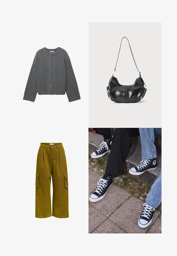 Graue gestrickte Strickjacke mit rundem Ausschnitt, überschnittenen Schultern, Knopfverschluss und gerippten Bündchen an Ärmeln und Saum.; Langärmliges T-Shirt mit Rundhalsausschnitt in Creme mit horizontalen kastanienbraunen Streifen, entspannter Schnitt und weicher, glatter Stofftextur.; Olivengrüne Cargo-Hosen mit weitem Bein, Falten und Seitentaschen. Hergestellt aus einem glatten, robusten Stoff.; Schwarzecanvas-Sneaker mit hohem Schaft, weißen Gummisohlen und Schnürsenkeln, die ein rundes Logo an der Seite besitzen und mit Denim- sowie schwarzen Hosen kombiniert sind.; Schwarze lederne, mondförmige Schultertasche mit silbernen Reißverschlüssen auf beiden Seiten und einem einzigen Trageriemen.