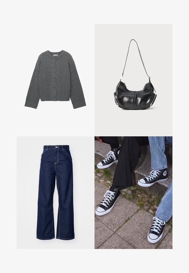 Grijze gebreide cardigan met een ronde halslijn, verlaagde schouders, knoopsluiting en geribbelde boorden aan de mouwen en zoom.; Lange mouw crew neck shirt in crèmekleur met horizontale bordeauxrode strepen, met een relaxte pasvorm en een zachte, gladde stofstructuur.; Wijd-uitlopende jeans in donkerblauwe denim, met een hoge taille, contrasterende witte stiksels en een traditionele vijf-pocket ontwerp.; Zwarte canvas sneakers met hoge schacht, witte rubberen zolen en veters, met een cirkelvormig logo aan de zijkant, gecombineerd met denim en zwarte broeken.; Zwarte leren schoudertas in de vorm van een halve maan met zilveren ritsen aan beide kanten en een enkele strap.