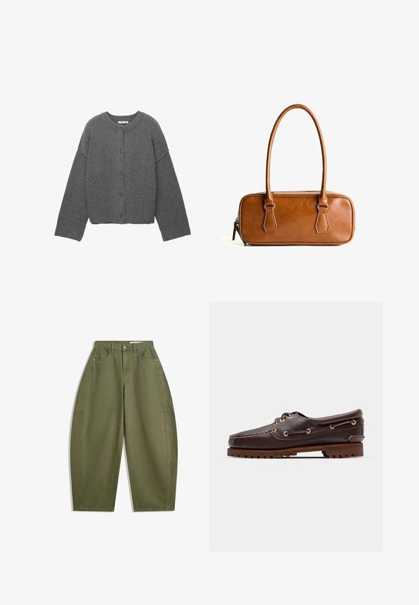 Harmaa neulottu neuletakki pyöreällä pääntiellä, lasketuilla olkapäillä, napillinen kiinnitys ja resorit hihansuuissa sekä helmassa.; Pitkähihaisessa crew-neck paidassa on kerma väri, jossa on vaakasuoria marooniraitoja. Paita on rento malli ja sen kangas on pehmeä ja sileä.; Oliivivihreät leveälahkeiset housut, jotka on valmistettu puuvillasta. Housuissa on korkea vyötärö, etutaskut ja sileä rakenne. Ei koristeita tai kuvioita.; Ruskeaharmaat nahkaiset venesandaalit kultaisilla silmärei'illä, pyöreällä nauhalla ja teksturoidulla ruskealla kumipohjalla. Sisältää kirjontayksityiskohtia ja kohotetun logon.; Ruskea nahkainen käsilaukku, jossa on kaksi pitkää kahvaa, suorakulmainen muoto, sileä pinta, vetoketjukiinnitys ja hopeanväriset yksityiskohdat.