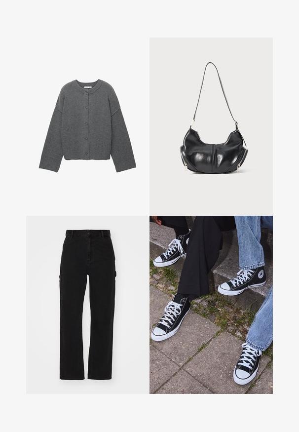 Grå stickad kofta med rund halsringning, sänkta axlar, knappstängning och ribbade muddar vid ärmar och fåll.; Långärmad tröja med rund hals i krämfärg med horisontella vinröda ränder, med en avslappnad passform och mjuk, slät tygtextur.; Svarta cargobyxor i denim med rak bendesign, sidofickor och knappstängning i midjan.; Svarta högtopps kanvasskor med vita gummisulor och snören, med en cirkulär logotyp på sidan och kombinerade med jeans och svarta byxor.; Svart läder axelväska i halvmåneform med silverfärgade dragkedjor på båda sidor och ett enda band.