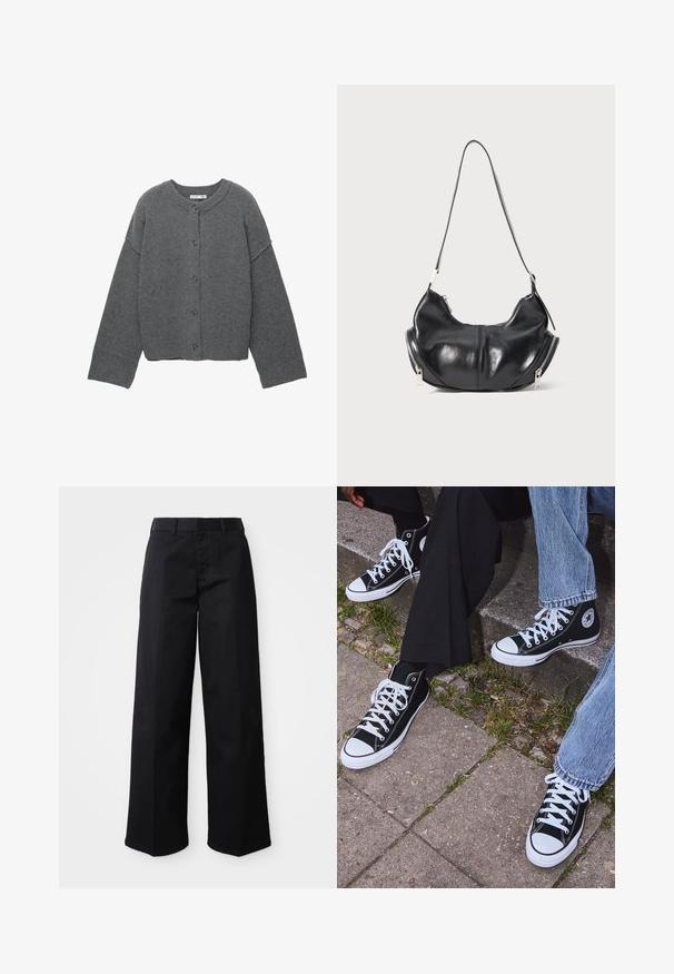 Gray knitted cardigan with a round neckline, dropped shoulders, button closure, and ribbed cuffs at the sleeves and hem.; Long-sleeve crew neck shirt in cream with horizontal maroon stripes, featuring a relaxed fit and soft, smooth fabric texture.; Black wide-leg pants made of soft cotton fabric. Features a classic waistband, side pockets, and a straight cut to the hem.; Black high-top canvas sneakers with white rubber soles and laces, featuring a circular logo on the side and paired with denim and black pants.; Black leather crescent-shaped shoulder bag with silver zippers on both sides and a single strap.