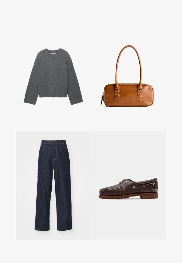 Grijze gebreide cardigan met een ronde halslijn, verlaagde schouders, knoopsluiting en geribbelde boorden aan de mouwen en zoom.; Lange mouw crew neck shirt in crèmekleur met horizontale bordeauxrode strepen, met een relaxte pasvorm en een zachte, gladde stofstructuur.; Donkerblauwe rechtlopende denim jeans met riemlussen, voorknop en zijzakken op een witte achtergrond.; Bruine leren bootsschoen met gouden oogjes, ronde veters en een gestructureerde bruine rubberen zool. Kenmerkt zich door gestikte details en een verhoogd logo.; Bruine leren handtas met twee lange hengsels, rechthoekige vorm, gladde textuur, ritssluiting en accenten van zilverkleurig beslag.