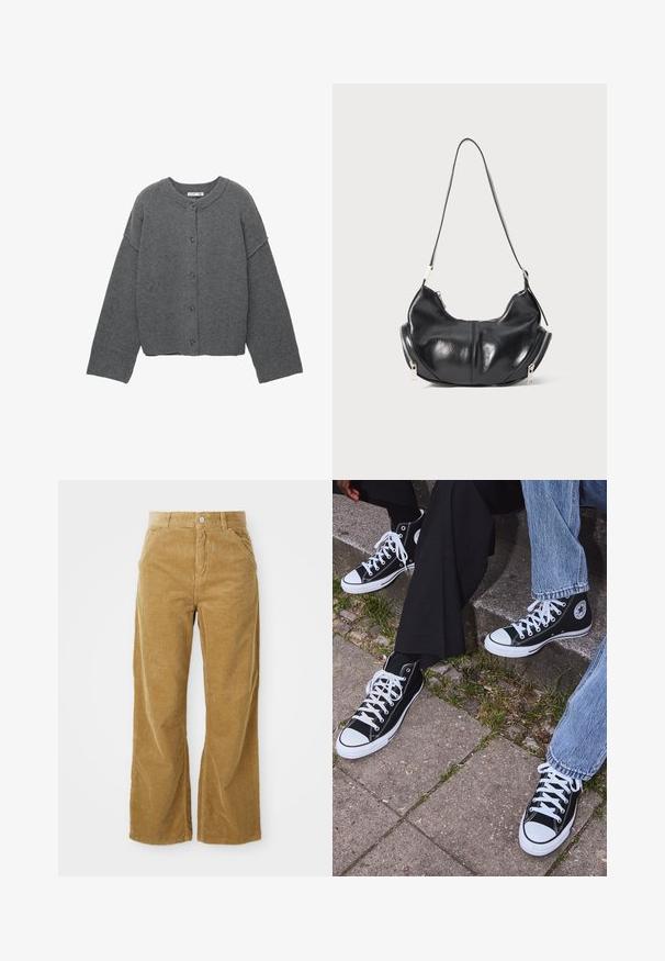 Cardigan gris en maille avec un col rond, des épaules tombantes, une fermeture à boutons et des poignets côtelés aux manches et à l'ourlet.; T-shirt à manches longues et col ras du cou en crème avec des rayures horizontales bordeaux, offrant une coupe décontractée et une texture de tissu douce et lisse.; Pantalons large en velours côtelé marron clair, présentant un motif côtelé texturé, cinq poches et un bouton de fermeture à la taille.; Baskets montantes en toile noires avec semelles et lacets en caoutchouc blancs, arborant un logo circulaire sur le côté et associées à un jean et un pantalon noir.; Sac à épaule en cuir noir en forme de croissant avec des fermetures éclair argentées de chaque côté et une seule bandoulière.