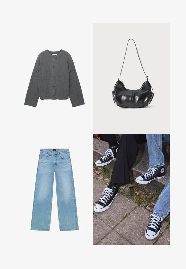 Grijze gebreide cardigan met een ronde halslijn, verlaagde schouders, knoopsluiting en geribbelde boorden aan de mouwen en zoom.; Lange mouw crew neck shirt in crèmekleur met horizontale bordeauxrode strepen, met een relaxte pasvorm en een zachte, gladde stofstructuur.; Lichtblauwe, wijde spijkerbroek van denim. Beschikt over een klassieke vijf-pocket stijl en een subtiele vervaagde textuur. Knoop- en ritsluiting.; Zwarte canvas sneakers met hoge schacht, witte rubberen zolen en veters, met een cirkelvormig logo aan de zijkant, gecombineerd met denim en zwarte broeken.; Zwarte leren schoudertas in de vorm van een halve maan met zilveren ritsen aan beide kanten en een enkele strap.