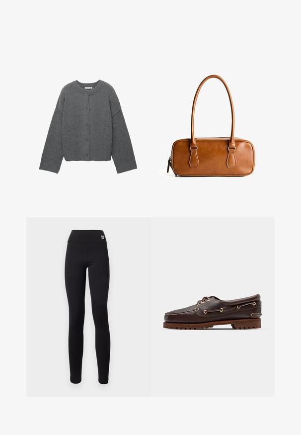 Siv pleten kardigan z okroglim izrezom, spuščenimi rameni, zapenjanjem na gumbe in rebrastimi manšetami na rokavih ter robu.; Majica z dolgimi rokavi in okrogelim izrezom v kremni barvi z vodoravnimi maroon črtami, ki se ponaša z udobnim krojem in mehkim, gladkim tekstilom.; Črne legice z visokim pasom, ki imajo bel logo "HUGO". Narejene so iz gladkega, raztegljivega materiala, zasnovane za udobje in prileganje.; Rjave usnjene čolnarske čevlje z zlatimi očesi, okroglicami in teksturiranim rjavim gumijastim podplatom. Ima šivano podrobno obdelavo in dvignjen logotip.; Brahno usnjeni ročni torbica z dvema dolgima ročkama, pravokotne oblike, gladke teksture, z zadrgo in srebrnimi kovinskimi dodatki.
