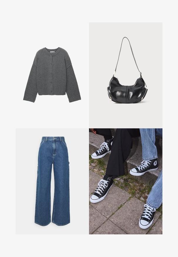 Gray knitted cardigan with a round neckline, dropped shoulders, button closure, and ribbed cuffs at the sleeves and hem.; Long-sleeve crew neck shirt in cream with horizontal maroon stripes, featuring a relaxed fit and soft, smooth fabric texture.; Wide-leg blue denim trousers with a high waist, contrasting stitching, and side pockets, featuring a classic five-pocket design and raw hems.; Black high-top canvas sneakers with white rubber soles and laces, featuring a circular logo on the side and paired with denim and black pants.; Black leather crescent-shaped shoulder bag with silver zippers on both sides and a single strap.