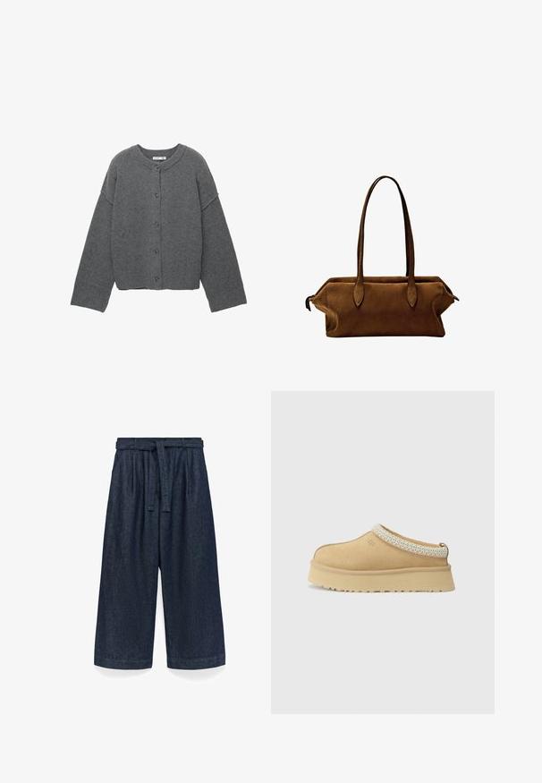 Szary dzianinowy kardigan z okrągłym dekoltem, opuszczonymi ramionami, zapięciem na guziki oraz ściągaczami przy rękawach i na dole.; Dwa topy: jeden w ciemnym brązie z prążkowanej tekstury i szerokimi ramiączkami, drugi w kolorze ecru, gładki materiał w podobnym stylu.; Czarne dżinsowe kuloty o szerokim kroju, z paskiem w talii i subtelną teksturą. Materiał ma gładkie wykończenie.; Sandały slip-on w kolorze tan z wyściełanym kołnierzem i teksturowanym, jasnoniebieskim akcentem. Posiadają grubą, trwałą podeszwę z wzorzystym bieżnikiem.; Brązowa torebka z zamszu z dwoma prostymi uchwytami, prostokątnym kształtem i eleganckim designem. Posiada zamek błyskawiczny oraz dyskretne akcenty w postaci przeszyć.