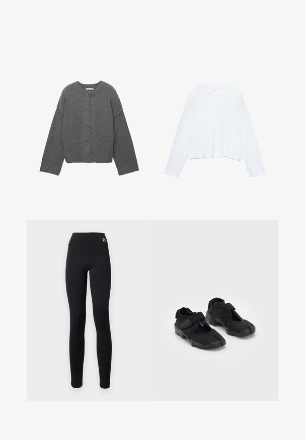 Harmaa neulottu neuletakki pyöreällä pääntiellä, lasketuilla olkapäillä, napillinen kiinnitys ja resorit hihansuuissa sekä helmassa.; Pitkähihaisessa valkoisessa lyhyessä t-paidassa on pehmeä kangas, pyöreä kaula-aukko ja rento istuvuus tikkauksetulla hihalla. Yksinkertainen ja siisti muotoilu.; Mustat legginsit, joissa on korkea vyötärö ja valkoinen "HUGO" -logo. Valmistettu sileästä ja joustavasta materiaalista, suunniteltu mukavaksi ja hyvin istuvaksi.; Mustat vesikengät, jotka on valmistettu joustavasta kankaasta ja joissa on tarranauha, erottuva halkaistun varpaan muotoilu sekä teksturoitu kumipohja pitävää otetta varten.