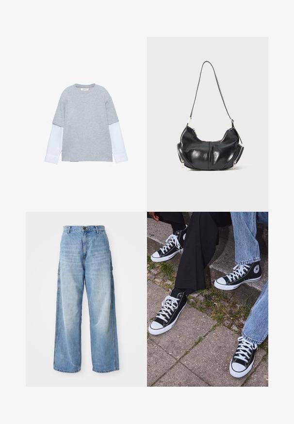 Gray knitted cardigan with a round neckline, dropped shoulders, button closure, and ribbed cuffs at the sleeves and hem.; Gray T-shirt with short sleeves, featuring a white long-sleeved shirt layer underneath. Soft cotton blend fabric, relaxed fit.; Light blue wide-leg jeans with a high waist, featuring side pockets and a faded texture, crafted from denim material.; Black high-top canvas sneakers with white rubber soles and laces, featuring a circular logo on the side and paired with denim and black pants.; Black leather crescent-shaped shoulder bag with silver zippers on both sides and a single strap.