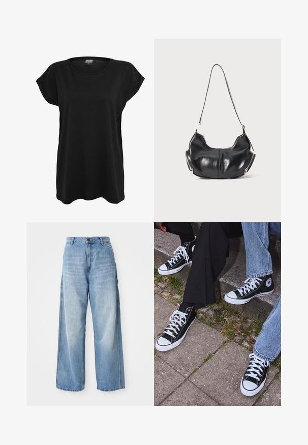 Grijze gebreide cardigan met een ronde halslijn, verlaagde schouders, knoopsluiting en geribbelde boorden aan de mouwen en zoom.; Zwarte katoenen t-shirt met korte mouwen, ronde halslijn en een ontspannen pasvorm. Heeft een label op de kraag. Glad textuur en eenvoudig ontwerp.; Lichtblauwe wijde jeans met een hoge taille, voorzien van zijzakken en een vervaagde textuur, vervaardigd uit denim materiaal.; Zwarte canvas sneakers met hoge schacht, witte rubberen zolen en veters, met een cirkelvormig logo aan de zijkant, gecombineerd met denim en zwarte broeken.; Zwarte leren schoudertas in de vorm van een halve maan met zilveren ritsen aan beide kanten en een enkele strap.