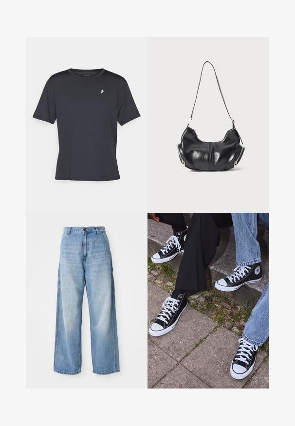 Grå stickad kofta med rund halsringning, sänkta axlar, knappstängning och ribbade muddar vid ärmar och fåll.; Svart t-shirt med kort ärm, tillverkad av ett mjukt material. Har en rund halsringning och en liten vit logotyp på vänster bröst.; Ljusblå vida jeans med hög midja, utrustade med sidofickor och en urtvättad textur, tillverkade av denim.; Svarta högtopps kanvasskor med vita gummisulor och snören, med en cirkulär logotyp på sidan och kombinerade med jeans och svarta byxor.; Svart läder axelväska i halvmåneform med silverfärgade dragkedjor på båda sidor och ett enda band.