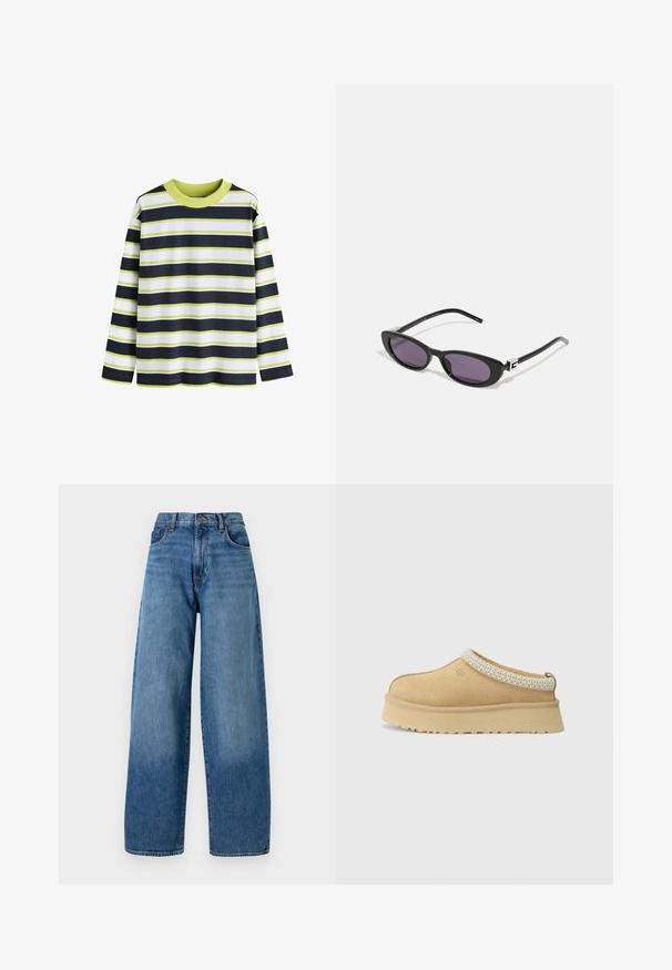 PULL&BEAR Kardigán - dark grey; Dlhý rukáv pásiková košeľa s námorníckym modrým, bielym a limetkovozeleným horizontálnym prúžkom. Rybársky výstrih, mäkká bavlnená látka, voľný strih.; Džínsy s širokými nohavicami v modrej farbe s klasickým dizajnom piatich vreciek. Majú zapínanie na gombík a svetlé vyblednutie pre textúru.; Béžová semišová obuv na slip-on so vypolstrovaným golierom a textúrovaným svetlomodrým akcentom. Obsahuje hrubú, odolnú podrážku so vzorovaným dezénom.; Gucci Slnečné okuliare - black/grey; Tmavohnedá semišová hobo taška cez rameno so širokým nastaviteľným koženým popruhom a mäkkým, voľne visiacim telom na bielom pozadí.