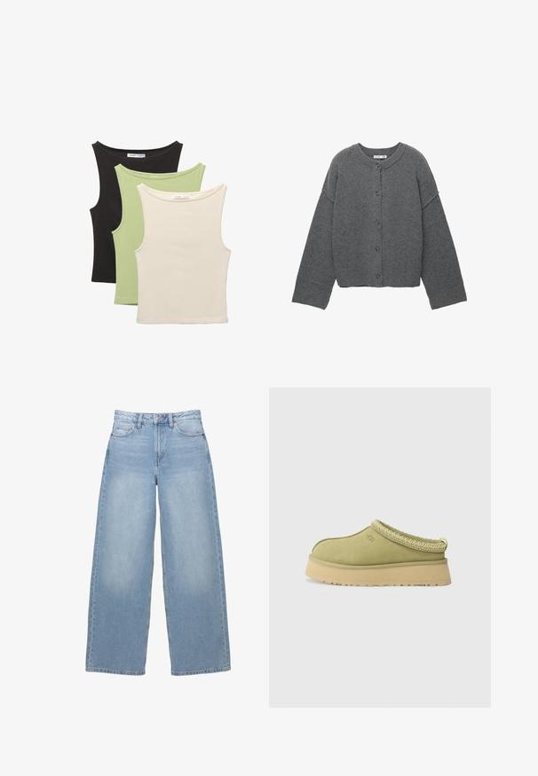 Graue gestrickte Strickjacke mit rundem Ausschnitt, überschnittenen Schultern, Knopfverschluss und gerippten Bündchen an Ärmeln und Saum.; Drei ärmellose Oberteile in Schwarz, Hellgrün und Beige. Jedes hat einen runden Halsausschnitt und eine weiche, gerippte Textur.; Helle blaue, weit geschnittene Jeans aus Denim. Besitzt eine hohe Taille, Taschen vorne und einen Knopfverschluss. Angenehme Textur mit dezenter Ausbleichung.; UGG TAZZ II - Clogs - muted brass