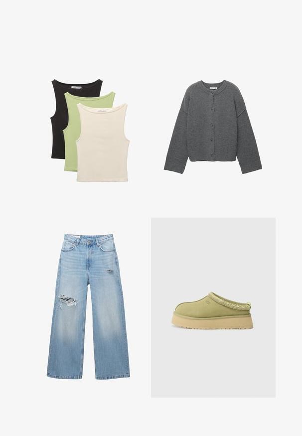 Grå strikket cardigan med rund halsudskæring, sænkede skuldre, knaplukning og ribstrikkede manchetter ved ærmerne og i kanten.; Tre ærmeløse toppe i sort, lysegrøn og beige. Hver med en rund halsudskæring og en blød, ribbet tekstur.; Lyseblå vidde jeans lavet af denim, med slidte områder ved knæene og en fem-lomme design. Ren, lige søm.; UGG TAZZ II - Træsko - muted brass