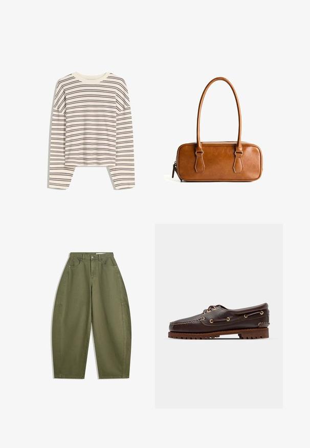 Szürke kötött kardigán kerek nyakkivágással, esett vállakkal, gombos lezárással, valamint bordás mandzsettákkal az ujjakon és az alján.; Hosszú ujjú, krémszínű crew neck póló, vízszintes bordó csíkokkal, laza szabással és puha, sima anyagkibővítéssel.; Olívazöld, bő szárú pamutnadrág, magas derékkal, elülső zsebekkel és sima textúrával. Nincsenek díszítések vagy minták.; Barna bőr csónakcipő arany fémlyukakkal, kerek fűzőkkel és texturált barna gumitalppal. Díszített varrásokkal és kiemelkedő logóval rendelkezik.; Barna bőr kézitáska, két hosszú fogantyúval, téglalap alakú, sima textúrájú, cipzáras záródással és ezüstszínű fém részletekkel.