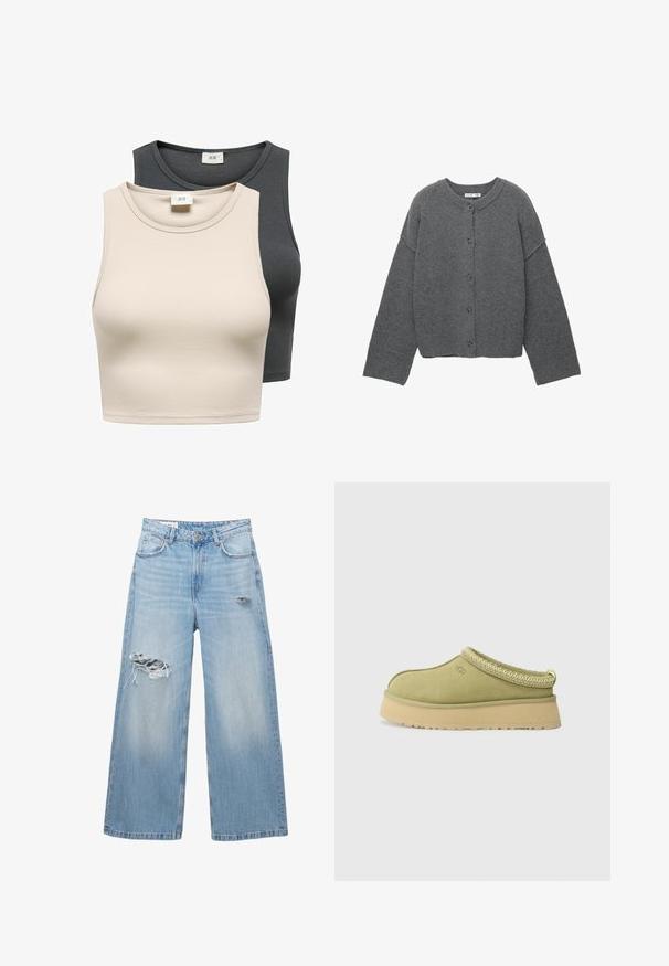 Szary dzianinowy kardigan z okrągłym dekoltem, opuszczonymi ramionami, zapięciem na guziki oraz ściągaczami przy rękawach i na dole.; Dwa bezrękawnikowe, ryflowane topy w kolorze jasnobeżowym i ciemnoszarym. Posiadają okrągłe dekolty oraz dopasowany krój. Widzoczne metki na obu.; Jasnoniebieskie jeansy z szerokimi nogawkami, wykonane z denimu, z przetarciami na kolanach oraz pięcioma kieszeniami. Czysty, prosty dołek.; UGG TAZZ II zieleń butelkowa