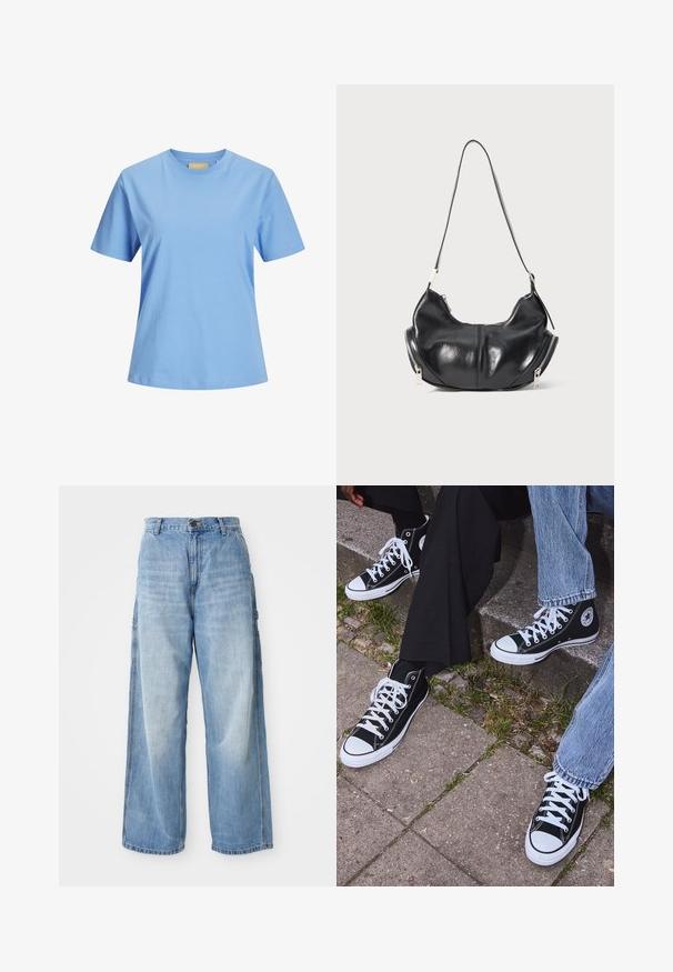 Šedý pletený kardigan s kulatým výstřihem, spadlými rameny, zapínáním na knoflíky a žebrovanými manžetami na rukávech a spodním lemu.; Světle modré tričko s krátkým rukávem z měkké bavlny. Design s kulatým výstřihem, uvolněný střih a bez viditelných vzorů nebo akcentů.; Světle modré široké džíny s vysokým pasem, s bočními kapsami a faded texturou, vyrobené z denimového materiálu.; Černé kanvasové tenisky s vysokým střihem, bílé gumové podrážky a tkaničky, s kulatým logem na boku a spárované s džíny a černými kalhotami.; Černá kožená taška ve tvaru půlměsíce s stříbrnými zipy po obou stranách a jedním popruhem.