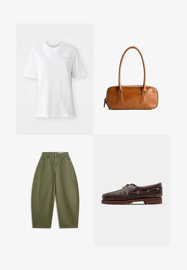 Graue gestrickte Strickjacke mit rundem Ausschnitt, überschnittenen Schultern, Knopfverschluss und gerippten Bündchen an Ärmeln und Saum.; Weißes Baumwoll-T-Shirt mit rundem Halsausschnitt und kurzen Ärmeln. Verfügt über ein kleines, farbenfrohes Logo auf der Vorderseite. Glatte Textur und lässige Passform.; Olivgrüne weite Hose aus Baumwolle mit hoher Taille, Fronttaschen und glatter Textur. Keine Verzierungen oder Muster.; Braune Lederbootsschuhe mit goldenen Ösen, runden Schnürsenkeln und einer strukturierten braunen Gummisohle. Verfügt über genähte Details und ein erhabenes Logo.; Braune Lieblingstasche aus Leder mit zwei langen Tragegriffen, rechteckiger Form, glatter Oberfläche, Reißverschluss und Hardware-Akzenten in Silber.
