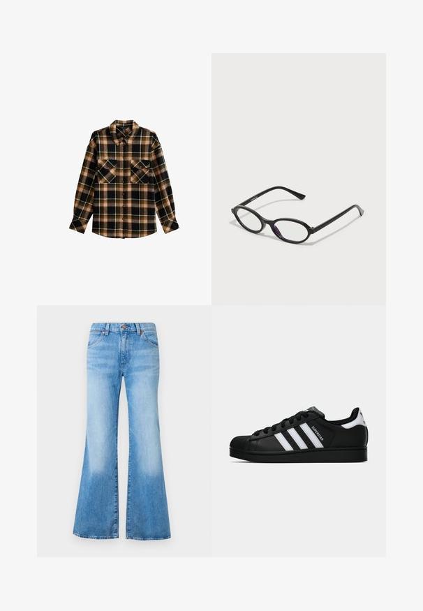 Gray knitted cardigan with a round neckline, dropped shoulders, button closure, and ribbed cuffs at the sleeves and hem.; Flannel shirt featuring a black, brown, and green plaid pattern, classic collar, button closure, and two chest pockets with flaps.; Light blue flared jeans with a high waist, made of denim. Features two front pockets and metal button accents. Faded texture on the fabric.; Black Adidas Superstar sneaker with white stripes, shell toe, and "Superstar" text on side, shown in side profile on white background.; Black oval-frame glasses with translucent purple accents on the lenses. Frames have a matte finish and slender, straight temples.