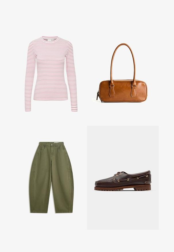 Grå stickad kofta med rund halsringning, sänkta axlar, knappstängning och ribbade muddar vid ärmar och fåll.; Långärmad randig t-shirt med rosa och vita horisontella ränder, rund hals, mjukt tyg och en figurnära silhuett.; Olivgröna vida byxor i bomull med hög midja, framfickor och en slät yta. Inga dekorationer eller mönster.; Bruna lädersko med båtstil, guldögon, runda skosnören och en texturerad brun gummisula. Har sydda detaljer och en upphöjd logotyp.; Brun läderhandväska med två långa handtag, rektangulär form, slät yta, dragkedjestängning och detaljer i silverfärgad metall.