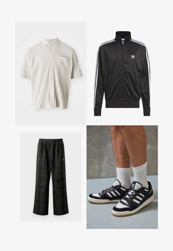 Veste zippée en polyester noir avec col montant, design à trois rayures blanches le long des manches et petit logo Adidas blanc sur la poitrine gauche.; Chemise à manches courtes, beige clair, avec un col, texture à côtes verticales, cinq boutons et une poche poitrine.; Pantalons à carreaux noirs avec une taille élastique, deux poches avant et une coupe ample avec une conception à jambe droite. Fabriqués en matériau léger.; Baskets noir et blanc avec une tige en suède et cuir, comportant trois rayures blanches, un bout perforé et une semelle en caoutchouc gum.