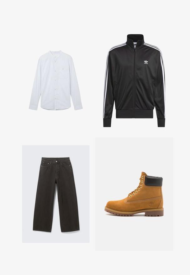 Svart polyester zip-up jakke med høy krage, hvit tre-stripesdesign langs ermene, og liten hvit Adidas-logo på venstre bryst.; Lyseblå langermet skjorte med mandarin krage, front knappelukking og en enkelt lomme på venstre bryst. Laget av strukturert stoff.; Bredde ben svart denim jeans har høy midje, fem lommer og knappestolpe. Stoffet har en myk, strukturert overflate.; Beige semskede ankelstøvel med svart polstret krage, gullmetalløyer, hvite sømdetaljer og robust gummisåle med påfallende mønster.
