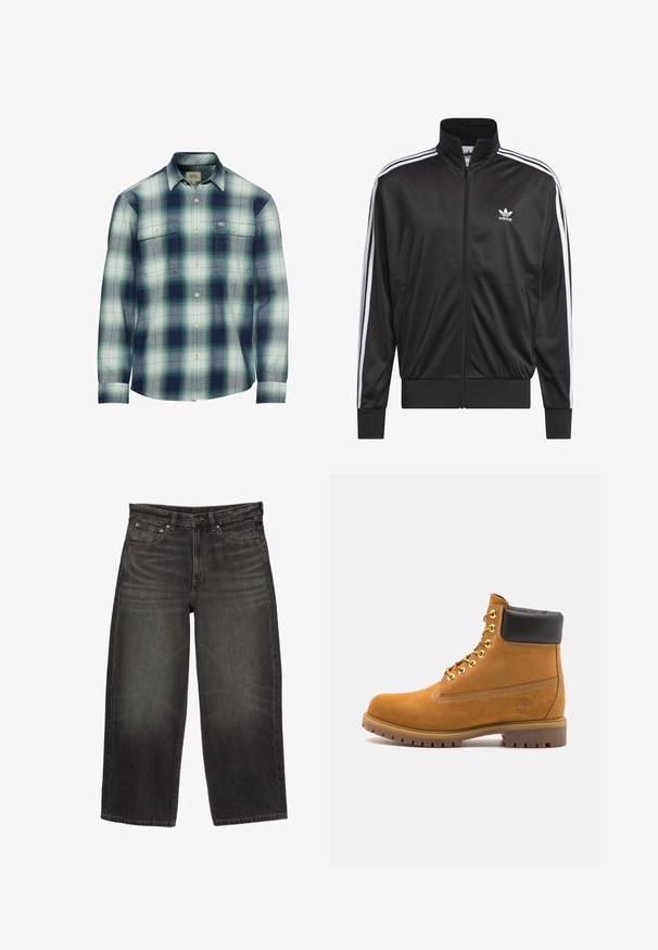 Schwarze Polyester-Jacke mit Reißverschluss und hohem Kragen, weißem Dreistreifen-Design an den Ärmeln und kleinem weißen Adidas-Logo auf der linken Brust.; Langärmliges kariertes Hemd in Blau-, Grün- und Cremetönen. Mit zwei Brusttaschen und Button-Down-Kragen. Material aus Baumwollmischung.; Schwarze weit geschnittene Denim-Jeans mit Fronttaschen, Gürtelschlaufen und Knopfverschluss, die subtile Verblassungen und Waschungen aufweisen.; Beige Wildleder-Ankle-Boot mit schwarzem gepolstertem Kragen, goldenen Metallösen, weißen Nähdetalben und einer robusten Gummisohle mit ausgeprägtem Profil.