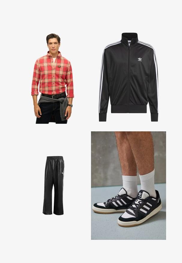 Schwarze Polyester-Jacke mit Reißverschluss und hohem Kragen, weißem Dreistreifen-Design an den Ärmeln und kleinem weißen Adidas-Logo auf der linken Brust.; Roter karierten Hemd mit gelben, grünen und blauen Akzenten. Lange Ärmel, Button-Up-Kragen, mit einem Logo-Patch. Dunkelblaue Jeans und grauer Pullover um die Taille gebunden.; Schwarze synthetische Sporthosen mit elastischem Taillenbund, ausgestattet mit weißen Seitenstreifen und einem kleinen weißen Logo auf der linken Hüfte.; Schwarz-weiße Sneaker mit einem Obermaterial aus Wildleder und Leder, ausgestattet mit drei weißen Streifen, einer perforierten Zehenpartie und einer Sohle aus Gummi.
