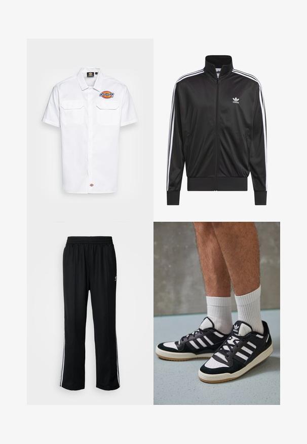 Melnas poliestera zip-up jaka ar augstu apkakli, baltu triju svītru dizainu gar piedurknēm un mazliet baltu Adidas logo kreisajā krūtī.; Balts īsās piedurkņu pogājamais krekls ar divām krūtīm kabatām. Kreisajā pusē ir izšūts "Dickies" logo krāsā. Gluda, vienkārša auduma.; Melni sporta bikses ar elastīgu jostas vietu, kurām ir baltas sānu svītras un neliels logotips. Materiāls izskatās mīksts un viegls.; Melnas un baltas kedas ar zamša un ādas augšdaļu, kas aprīkotas ar trim baltām svītrām, perforētu purngali un gumijas zolēm.