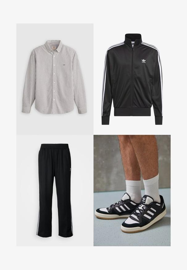 Schwarze Polyester-Jacke mit Reißverschluss und hohem Kragen, weißem Dreistreifen-Design an den Ärmeln und kleinem weißen Adidas-Logo auf der linken Brust.; Gestreifte langärmlige Hemd in Hellgrau und Weiß, aus Baumwollmaterial, mit Knopfkragen, versehen mit einem gestickten Logo auf der Brust.; Schwarze Sporthosen mit elastischem Bund, ausgestattet mit weißen Seitenstreifen und einem kleinen Logo. Das Material wirkt weich und leicht.; Schwarz-weiße Sneaker mit einem Obermaterial aus Wildleder und Leder, ausgestattet mit drei weißen Streifen, einer perforierten Zehenpartie und einer Sohle aus Gummi.